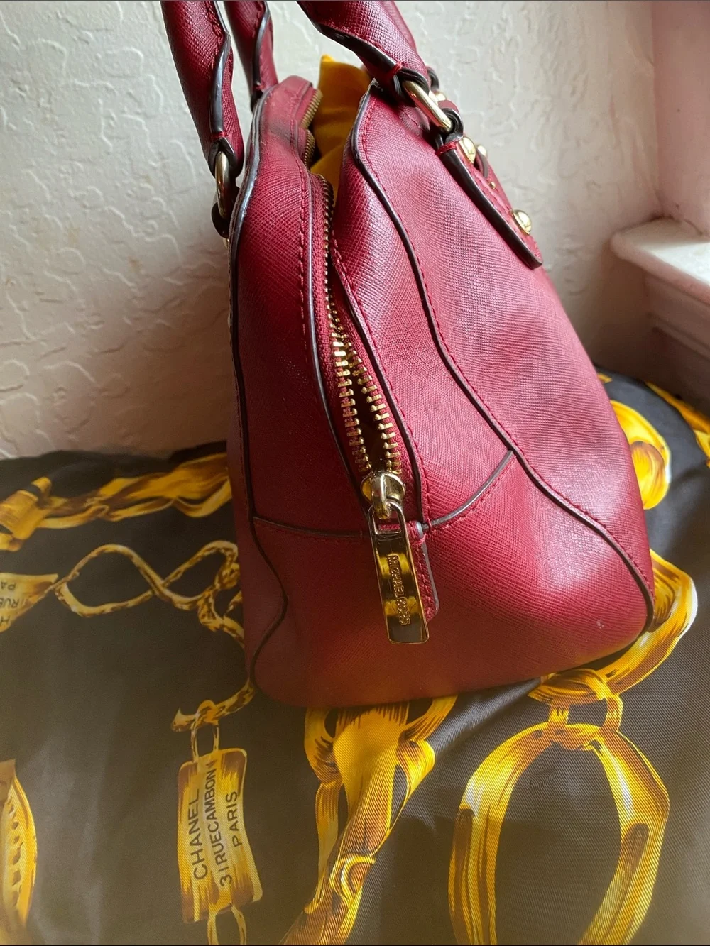 Michael Kors Wine Saffiano Leather Satchel with Gold Hardware